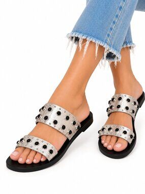 NWT Sol Sana Andre Slide Studded Sandals Silver and Black